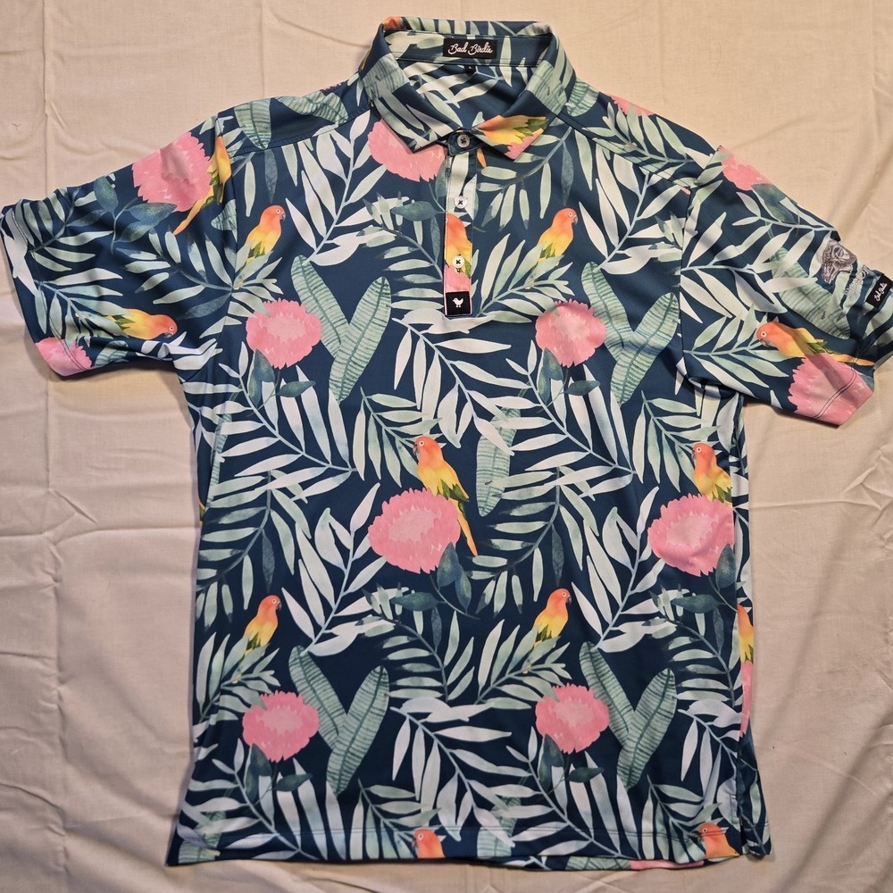Bad Birdie BIGHORN Country Club Golf Polo Men Large Pink Parrot Fern Print